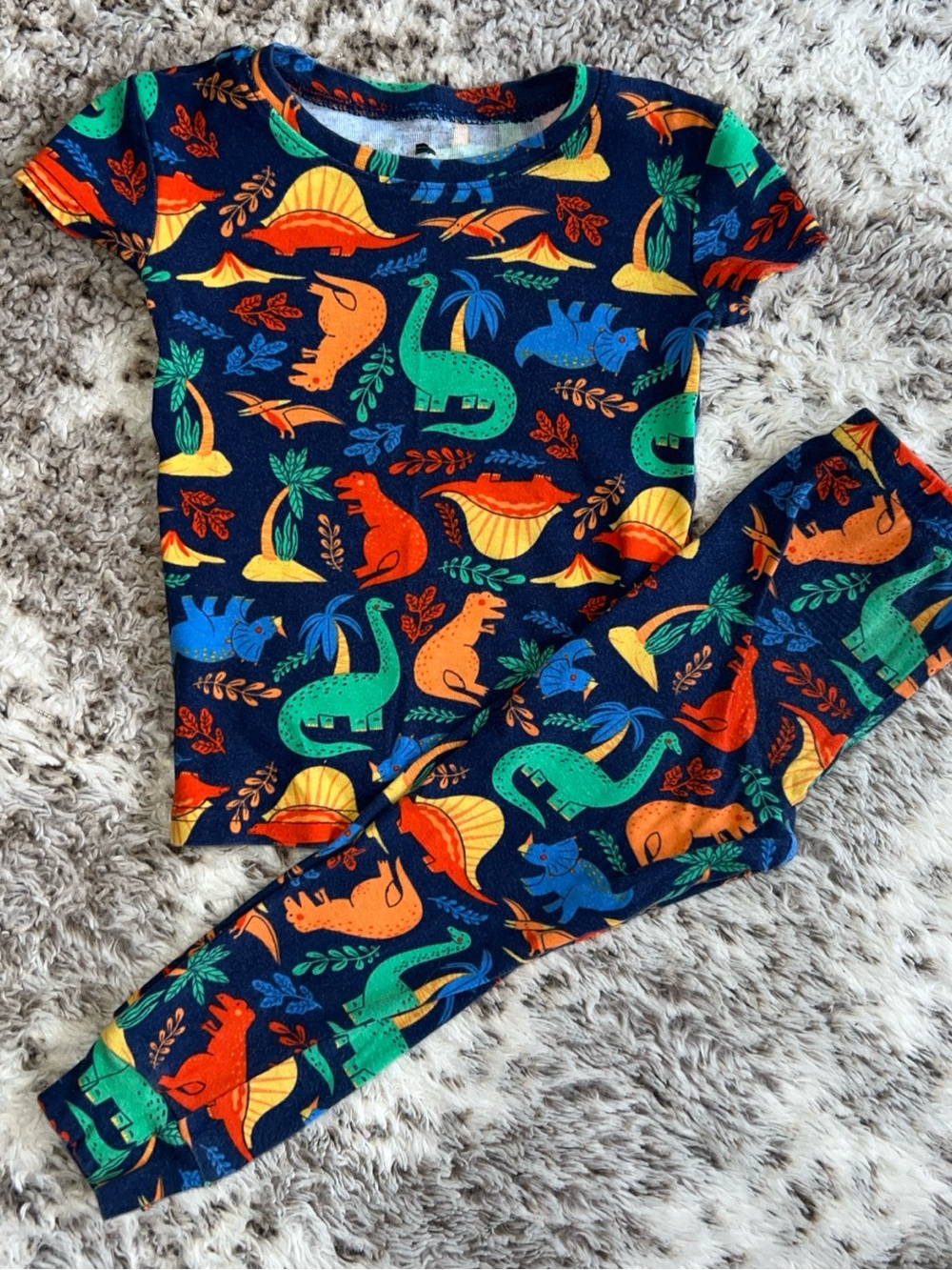 Tommy Bahama Kids Navy Pajama Set with Green, Orange, Yellow & Blue Dinosaurs 3T